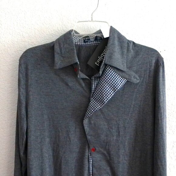 W[d^blju:], men's gray button-up long sleeve shirt with blue/white plaid design - Picture 4 of 7